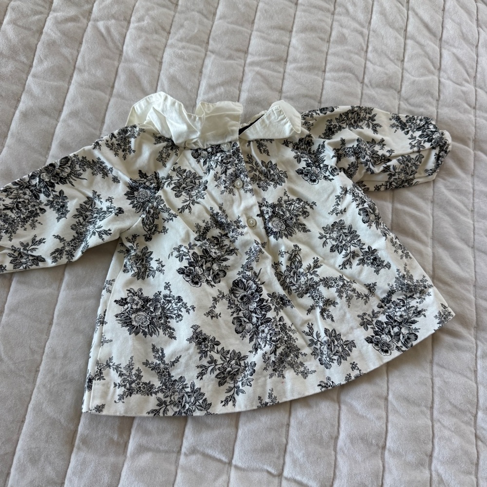 JANIE JACK BLACK white girls Floral Toile puff sleeve blouse top size 6-12M - Picture 3 of 5